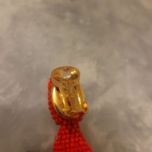 New Oscar De La Renta Red Long Beaded Tassel Earrings Clip On Chandelier Drop - Picture 5 of 9